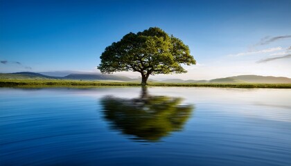 Obraz premium tranquil isolated tree on calm water surface in serene landscape