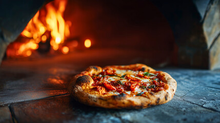 Traditional pizza baking in wood fired oven