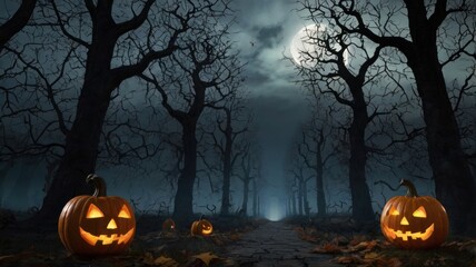 Eerie night scene with illuminated carved pumpkins, a forest path, and a full moon
