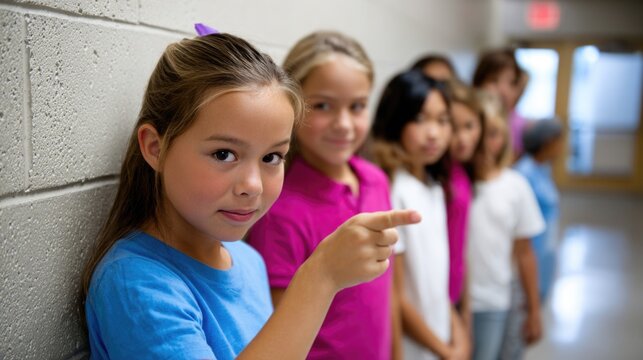 Young girl pointing finger at viewer in school hallway surrounded by diverse classmates, conveying social exclusion, ostracism, and peer pressure.