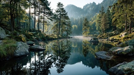 Obraz premium Serene mountain lake reflecting trees and mist