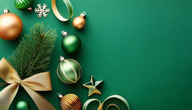 christmas ornaments and ribbons on green background n festive holiday flat lay for seasonal ads and editorials