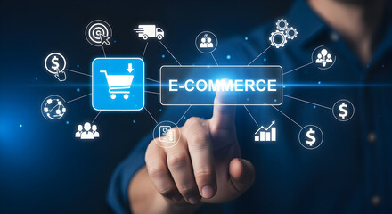 Fototapeta premium Navigating the digital marketplace a hand guides the e-commerce network for seamless online transactions