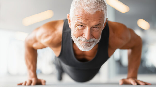 Fit senior man doing push-ups in modern gym