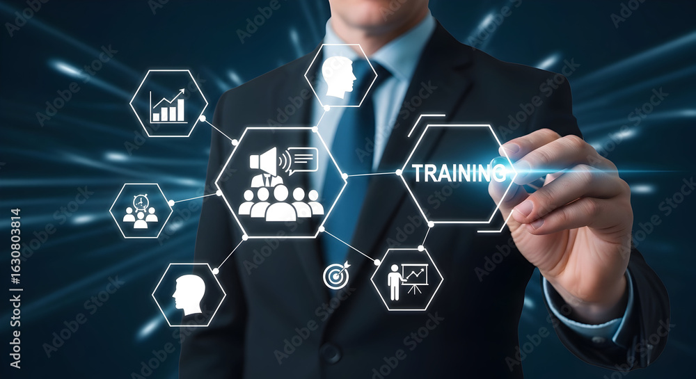 Poster professional businessman interacts with glowing digital interface highlighting training and developm