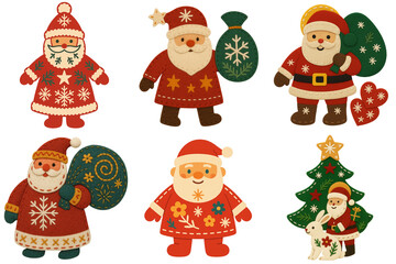 Set of Scandinavian felt  christmas, new year decor Santa Claus characters – Santa with gift bags, Christmas tree & bunny – handmade wool-felt applique icons, isolated