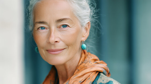 Portrait of confident senior woman with gray hair and blue eyes