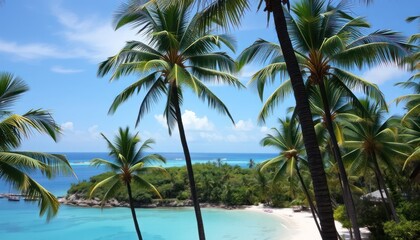 Lush tropical scenery vibrant palms frame a clear, turquoise bay under a bright sky