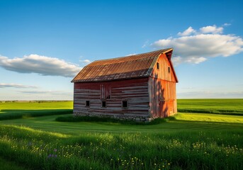 Obraz premium Old Red Barn in a Green Field Under Blue Sky