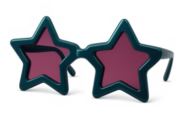 Teal star-shaped sunglasses featuring pink lenses, resting on transparent surface, highlighting unique geometric eyewear design for creative projects