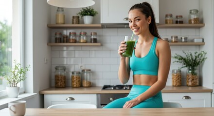 Woman drinking smoothie in kitchen