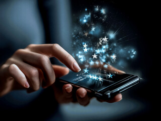 Woman giving excellent review giving 4–5 stars: