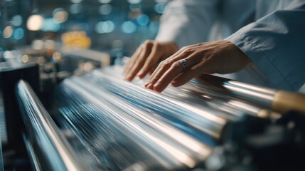 Medium shot highlighting hands adjusting the pilot line controls with the focused edible wrap film flowing smoothly behind softly blurring the hightech production environment.