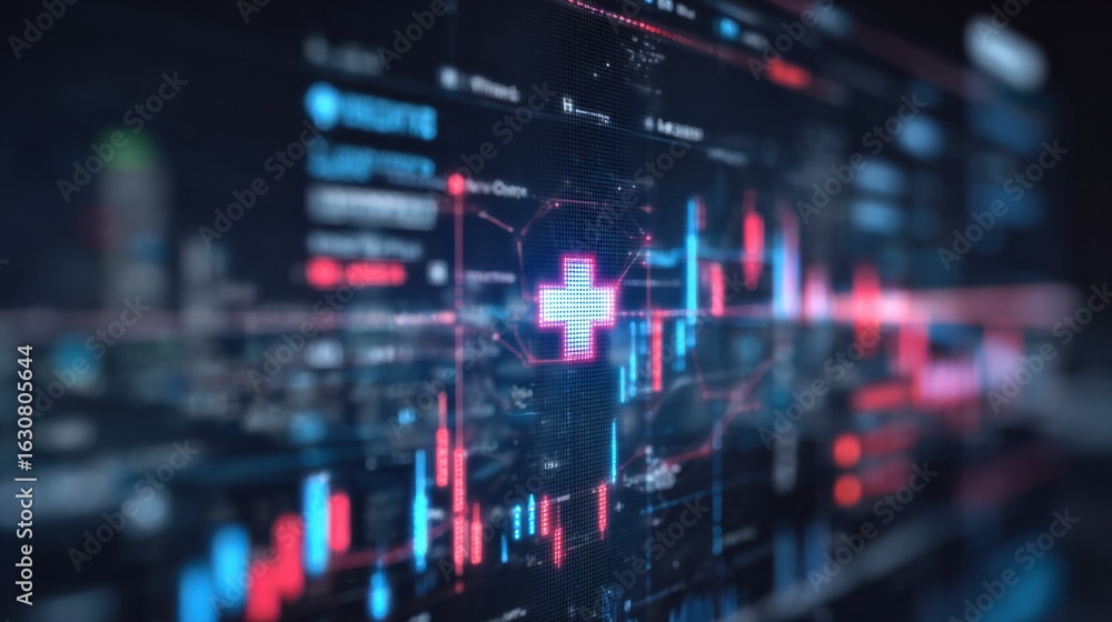 Poster focused medium view of a computer screen featuring a healthcare asset highlighted on a complex inves