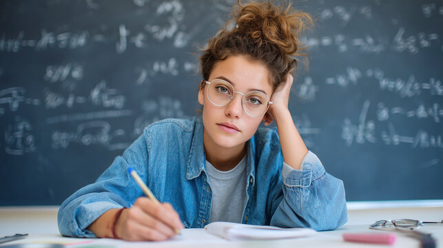Tired female student studying in classroom