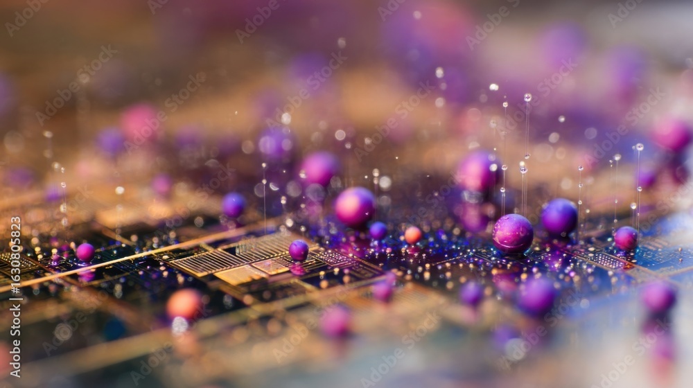 Poster a closeup of a substrate undergoing etching showing the dynamic interactions of chemicals and quantu