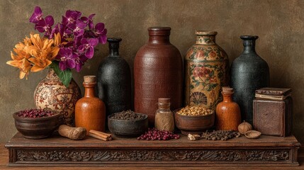 Still life of antique jars, spices, and flowers on a wooden stand