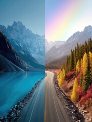 Mountain Landscape Divided by a Scenic Road Showcasing Contrasting Seasonal Colors at Dawn