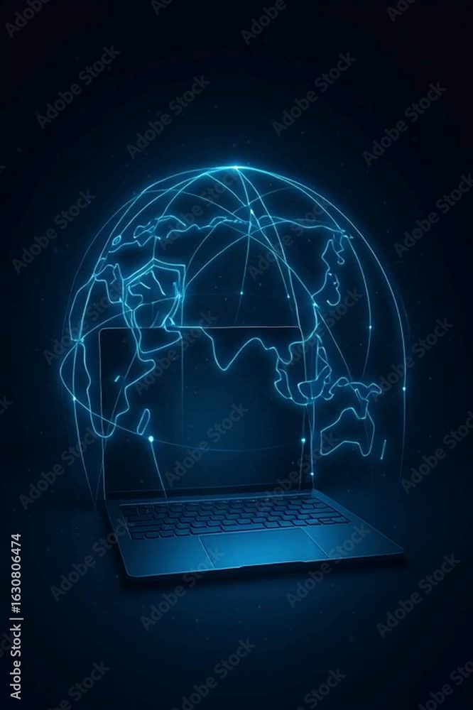 Poster a glowing global network connecting the world via laptop against a dark blue background, high tech c