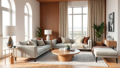 Well-lit, modern living space with two sofas, window, wooden accents, plants, and art piece