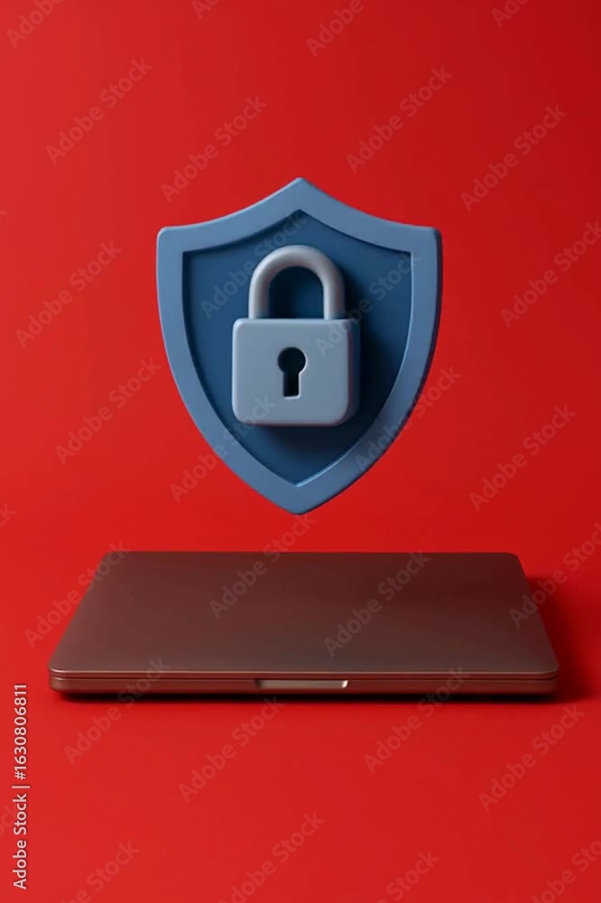 Aufkleber digital security concept with a shield icon over a laptop against a vibrant red backdrop, symbolizin