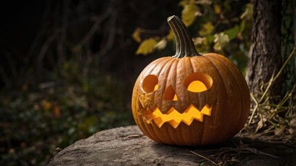 A carved orange gourd sits on a stump, lit from within against a dark, leafy background