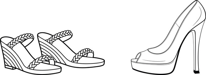 Women's wedge sandals and peep-toe high heels flat vector illustration, a stylish footwear design collection, perfect for fashion and shoe design projects