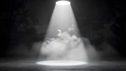 A powerful white spotlight illuminates a smoky stage creating a dramatic and atmospheric scene
