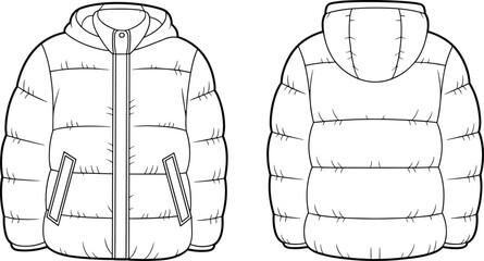 Classic hooded puffer jacket flat vector illustration, a detailed technical drawing of warm winter outerwear apparel for fashion and design projects
