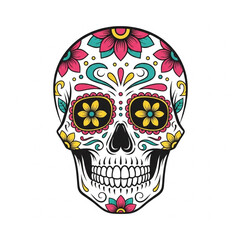 Colorful Sugar Skull with Floral Patterns and Ripped Paper Texture Flat Vector