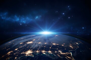 Earth s horizon illuminated by a brilliant sunrise over a starry cosmic expanse