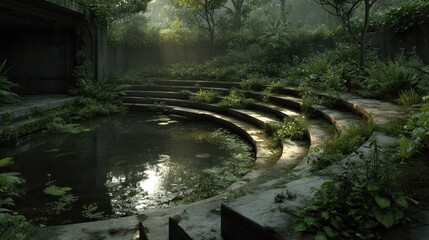 Tranquil scene featuring a verdant amphitheater embracing a serene pond oasis
