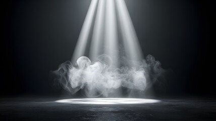 Ethereal figures emerge from swirling mist illuminated by a powerful spotlight
