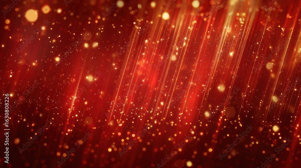 Poster radiant streaks and bokeh sparkle on a deep red background, creating depth and movement