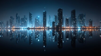 Fototapeta premium Nighttime cityscape reflected in calm water, modern metropolis architecture