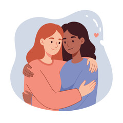 Obraz premium Two women embracing and smiling together with pastel background 