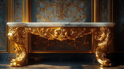 Ornate Gold Console Table With Marble Top In High Resolution Photo
