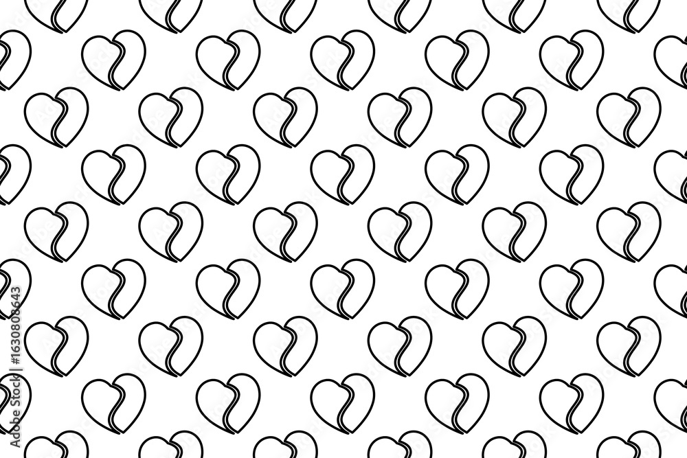 Poster seamless pattern completely filled with outlines of two halves of a heart symbols. elements are even