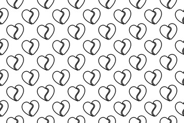 Seamless pattern completely filled with outlines of two halves of a heart symbols. Elements are evenly spaced. Illustration on transparent background