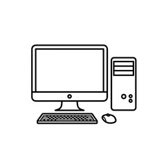 Fototapeta premium Computer setup with monitor, keyboard, and desktop tower in outline style icon