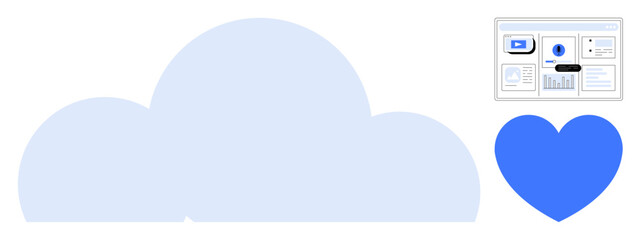 Cloud shape, data dashboard with graphs, blue heart. Ideal for technology, data storage, cloud computing, analytics, innovation user connection digital solutions. Minimalist flat design metaphor