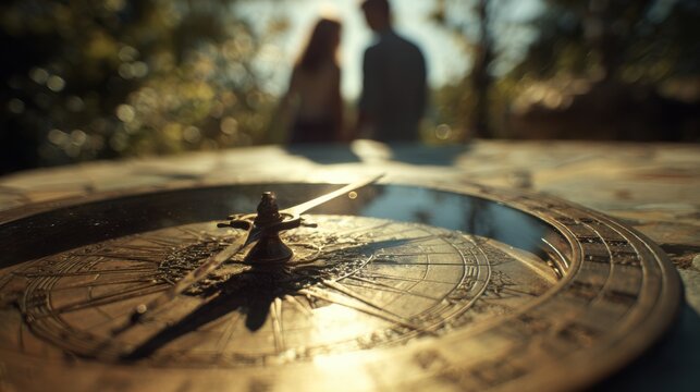 Medium shot highlighting a modern solarlit sundial showing the overlapping shadow profiles of a couple under bright noon sunlight with an artistic bokeh effect blurring the natural