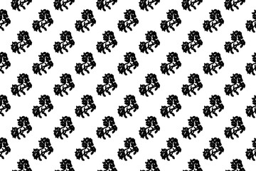 Seamless pattern completely filled with outlines of fiery horse symbols. Elements are evenly spaced. Illustration on transparent background