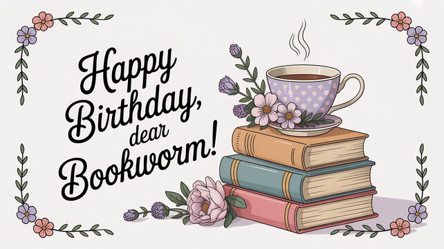 Happy birthday dear bookworm greeting card with a stack of books, a cup of coffee, and floral decoration, isolated on white background