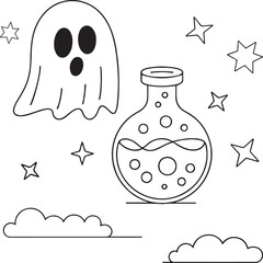 Kawaii Halloween Ghost Potion Bottle Coloring Book – Cute Witchy Ghost Line Art for Kids and Adults