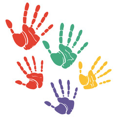 Colorful handprints symbolizing diversity, inclusion, and community, representing togetherness, support, and unity in a vibrant and creative design isolated on white background