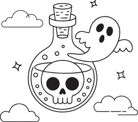 Kawaii Halloween Ghost Potion Bottle Coloring Book – Cute Witchy Ghost Line Art for Kids and Adults