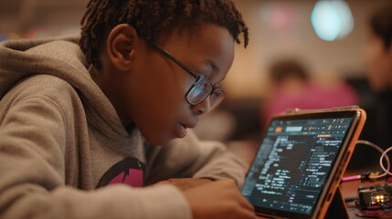 Medium shot highlighting a focused student intently monitoring a tablet screen coding block sequences with unfocused flying drones and hoops creating an engaging learning