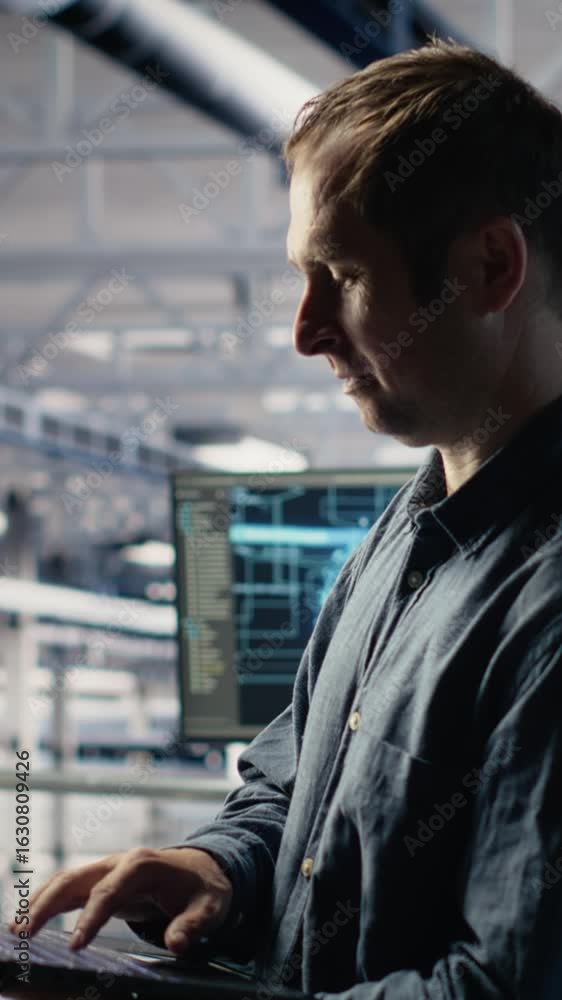Poster vertical video data center technician monitors deep learning process with laptop, reviewing operatio