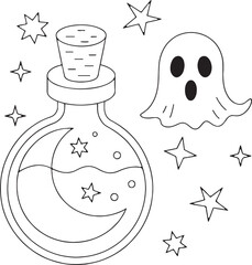 Kawaii Halloween Ghost Potion Bottle Coloring Book – Cute Witchy Ghost Line Art for Kids and Adults
